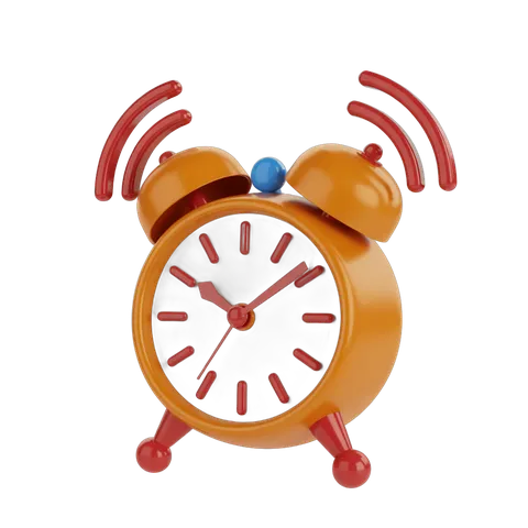 Vibrating orange alarm clock with red arms and blue button for presentations and digital designs PNG