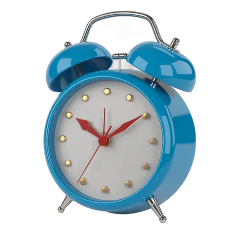 Vintage blue alarm clock with red hands isolated on transparent background for graphic design PNG