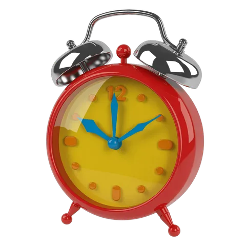 Vintage red alarm clock with blue hands showing time on yellow face isolated transparent background PNG