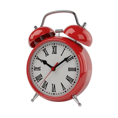 Vintage red alarm clock with roman numerals isolated on transparent background for graphic design PNG