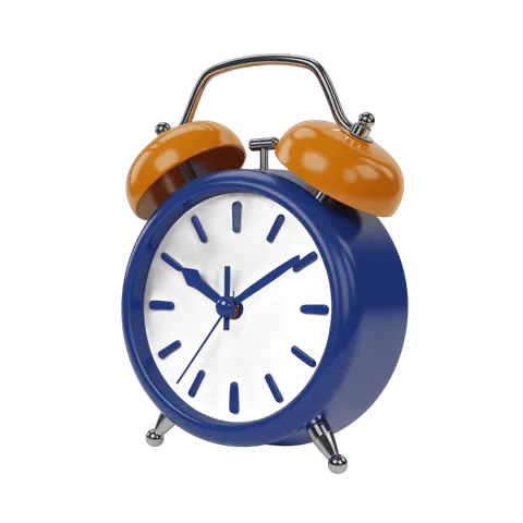 Vintage style blue alarm clock with orange bells isolated on transparent background for graphic design PNG