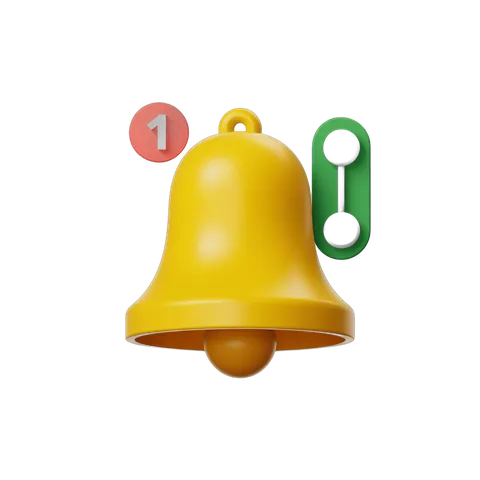 Yellow notification bell icon with number one badge and play button graphic element PNG